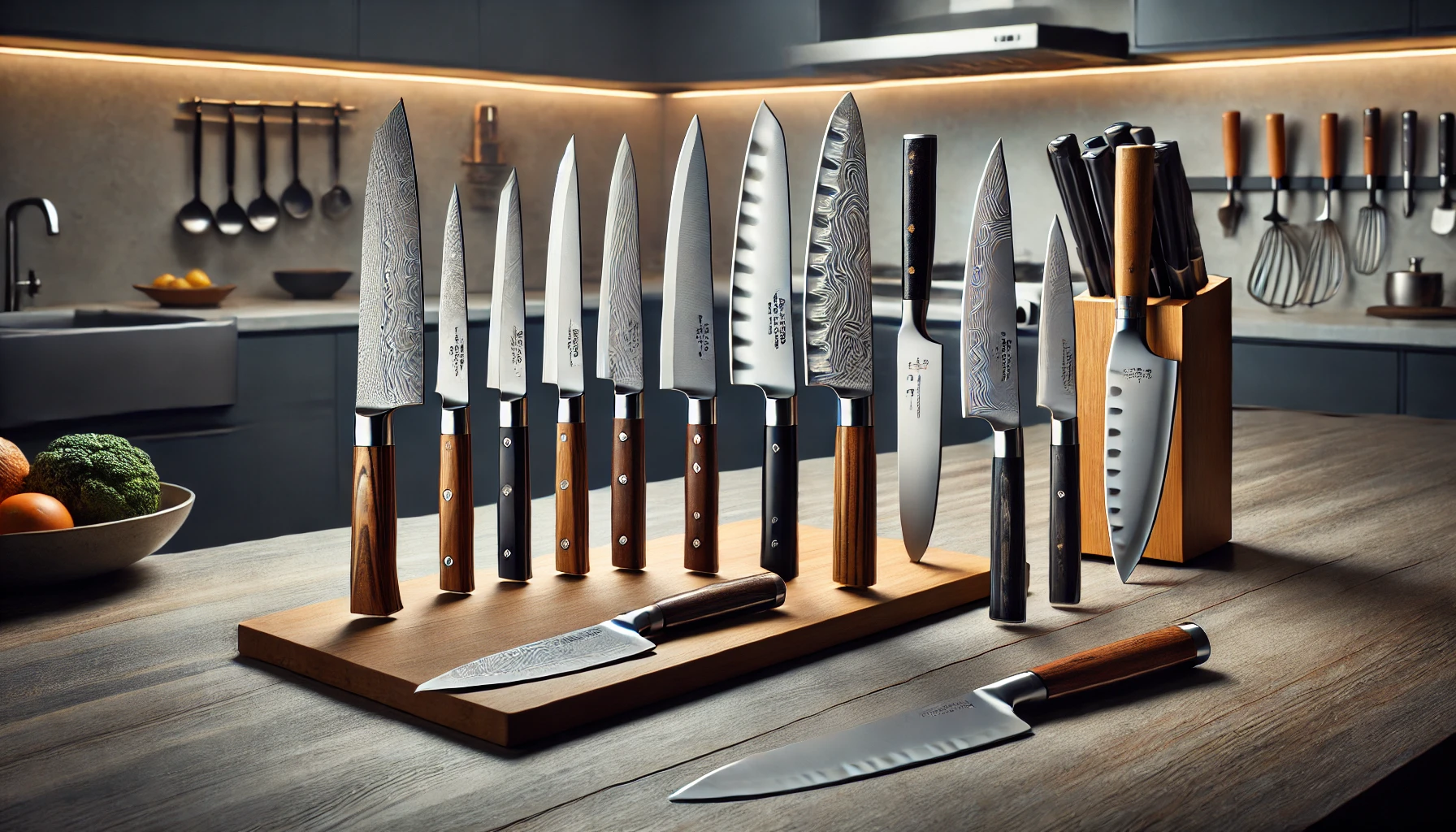 A knife rack in a kitchen featuring several knives, highlighting the 10 best Santoku knife choices for home chefs.