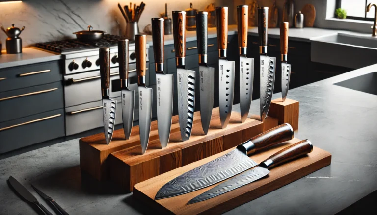 A knife rack filled with various knives, highlighting the 10 best Japanese chef knife choices for culinary tasks.