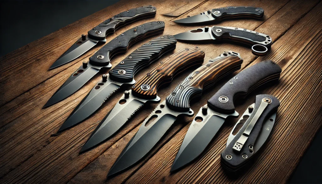 Several knives displayed on a wooden table, perfect for anyone asking what is the best EDC knife for daily use.