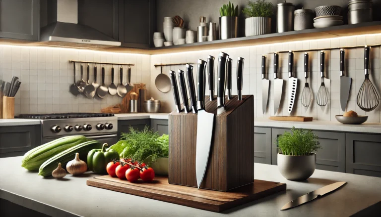 A kitchen featuring a knife rack and a variety of fresh vegetables, perfect for exploring what is the best knife set.