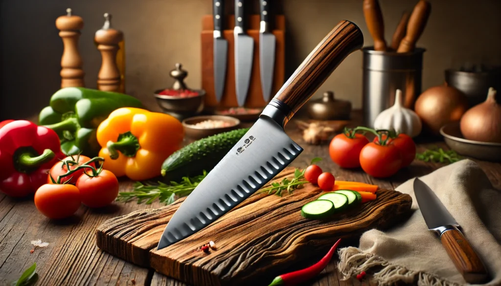 A wooden table features a knife and a cutting board, showcasing what is a half bolster knife for food preparation.