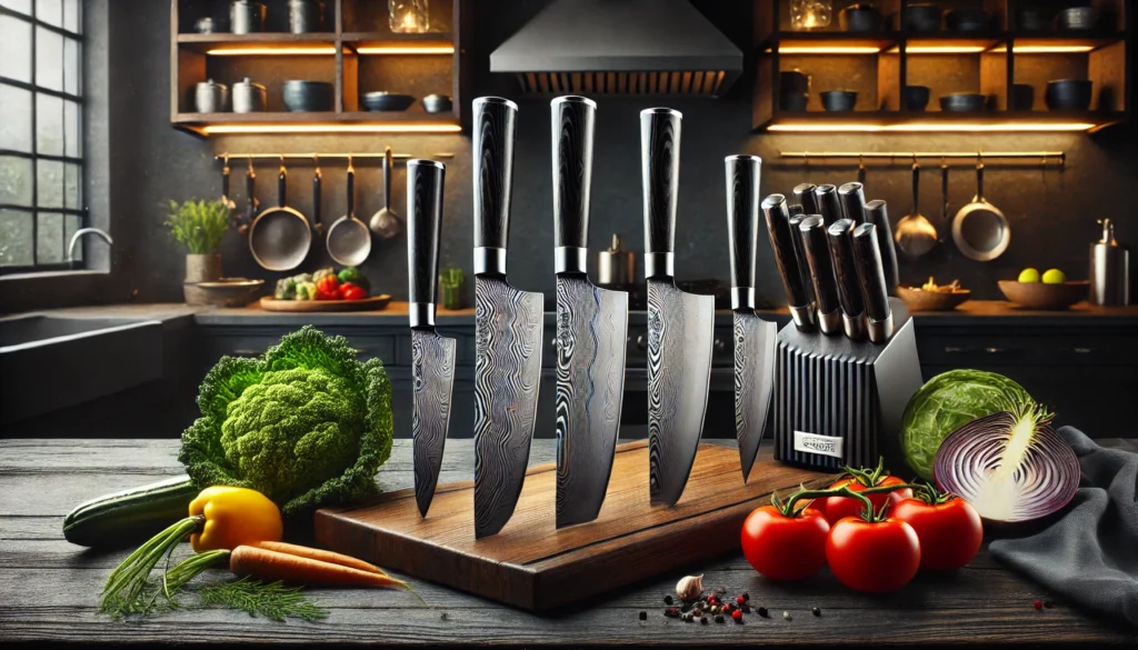 A kitchen knife set placed on a cutting board with various vegetables, illustrating why Yaxell is considered a good knife brand.