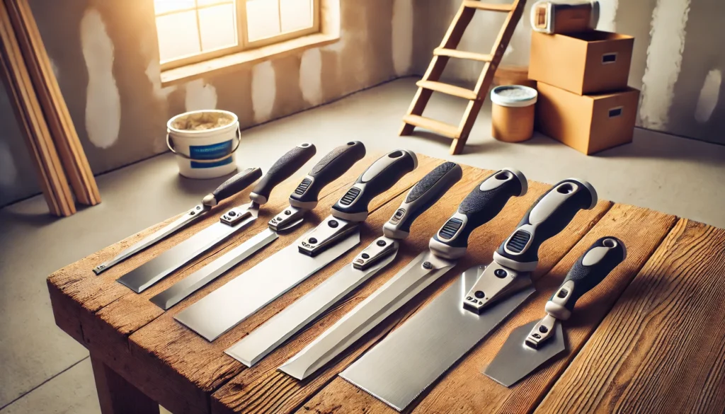 Various taping knifes displayed on a table in a room, featuring a taping knife suitable for drywall projects.