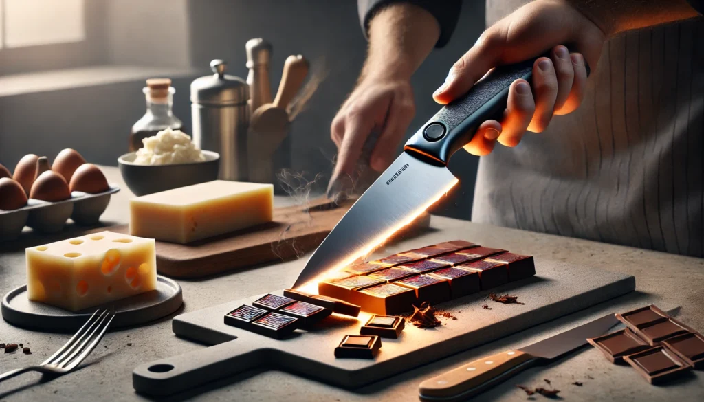 A person is cutting chocolate with a knife, showing what a hot knife is used for in cooking and baking.