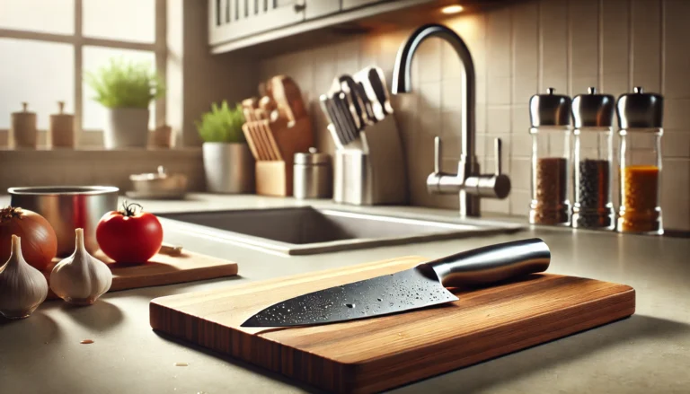 A kitchen scene featuring a knife resting on a cutting board, highlighting when should a knife be cleaned and sanitized.