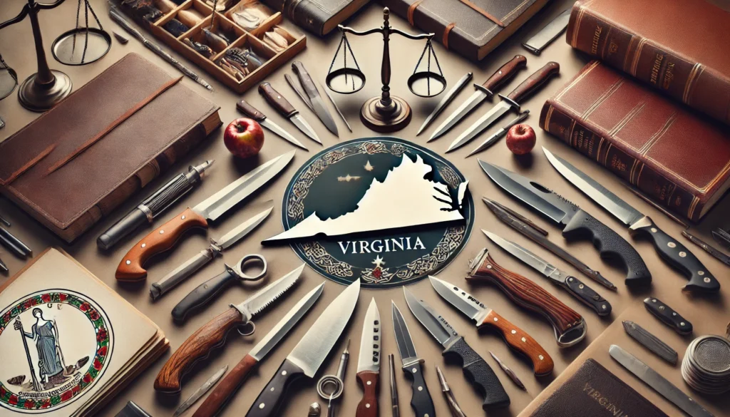 Various knives and tools are placed around Virginia's shape, illustrating the topic of legal knife length in Virginia.