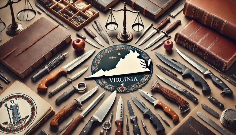 A collection of knives and tools is displayed around the outline of Virginia, highlighting the legal knife length in the state.