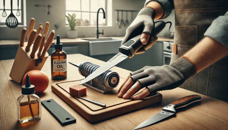 A mansharpingh knife , demonstrating how to sharpen electric fillet knife blades effectively.