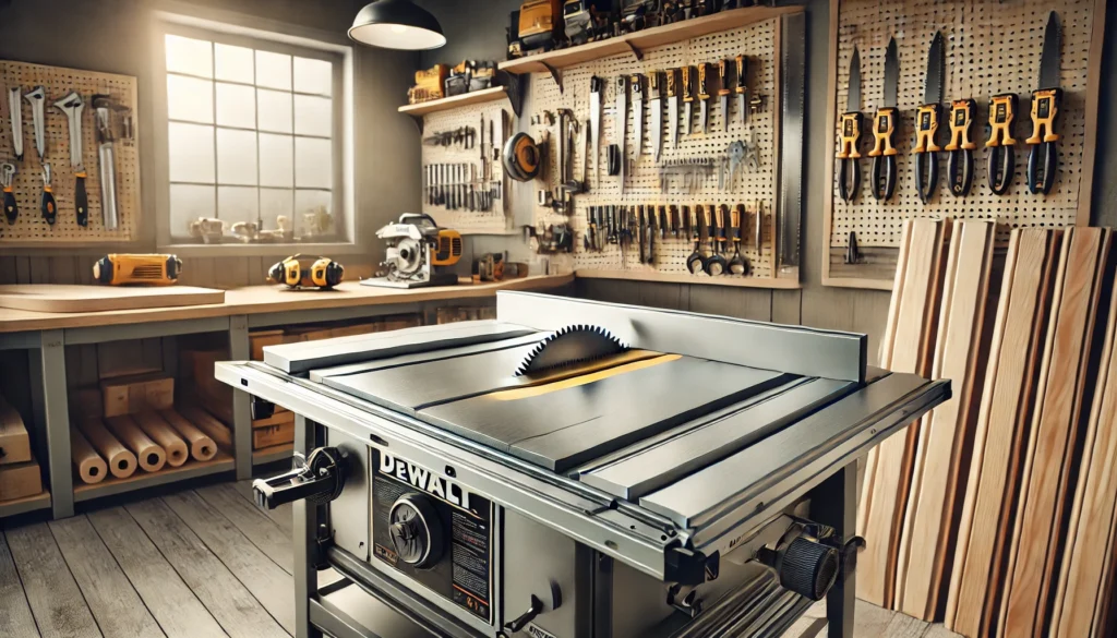 A workshop scene featuring a table saw and different tools, showing how to adjust the riving knife on a DeWalt table saw.