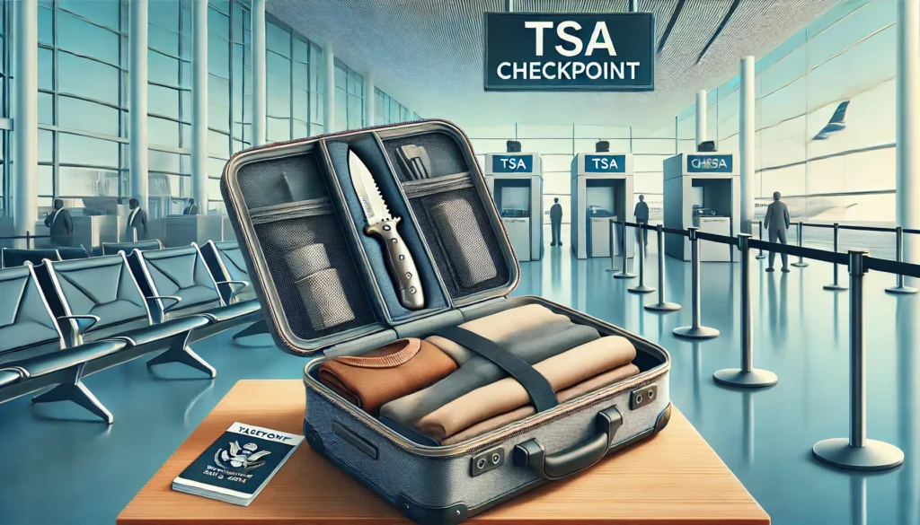 A suitcase displaying luggage and a passport, symbolizing travel. Can I bring a knife in my checked bag?