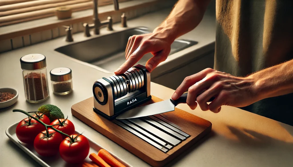 A person uses a knife to cut vegetables, showing the process of how to use a Rada knife sharpener properly.