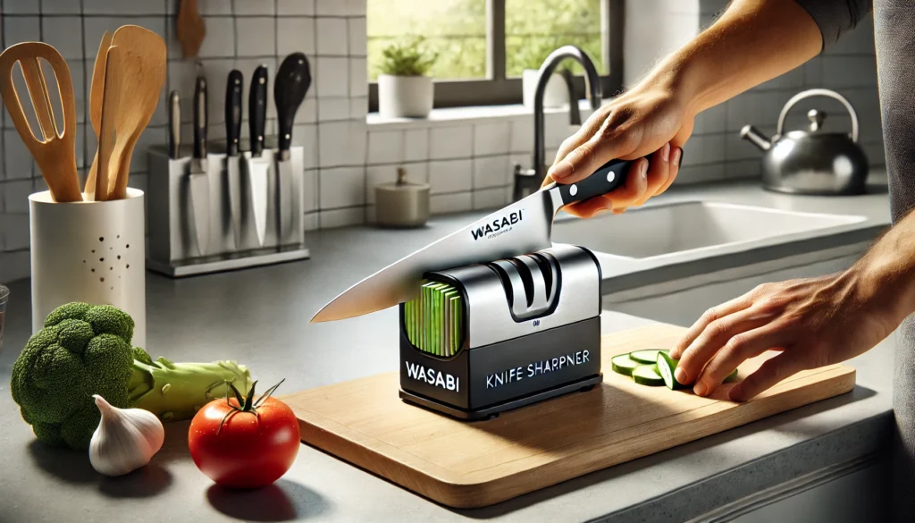 A person cuts vegetables on a cutting board with a knife, illustrating how to use a wasabi knife sharpener for better results.