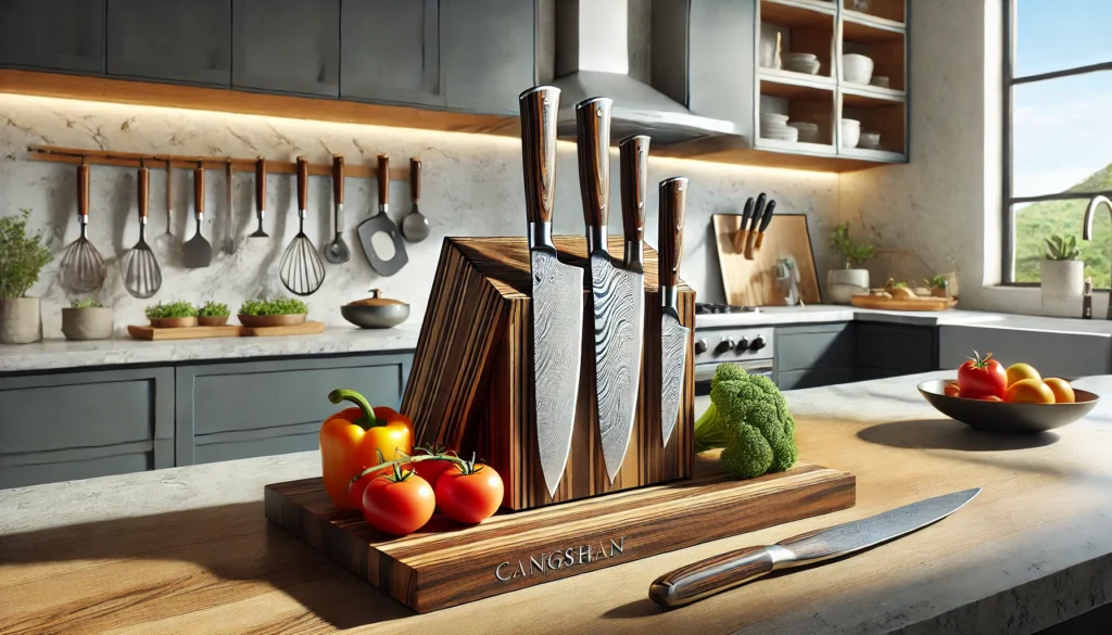 A kitchen with a knife rack and a knife, prompting thoughts on whether Cangshan is a good knife brand.