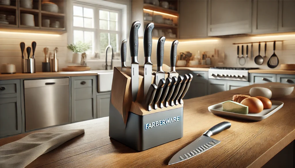 A kitchen counter with a knife block displaying several knives. Is Farberware a good knife set for home cooking?