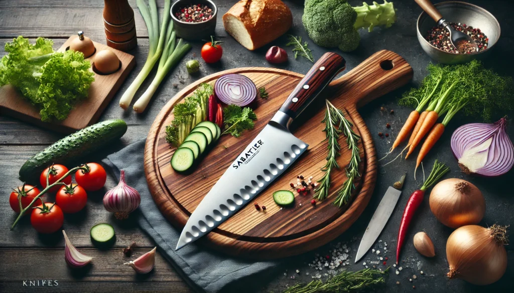 A knife on a cutting board is surrounded by colorful vegetables, leading to the inquiry: Is Sabatier a good knife brand?