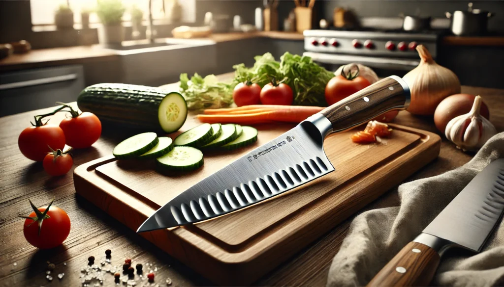 A kitchen knife is placed on a cutting board with various vegetables, showing what a hollow edge knife is used for in cooking.