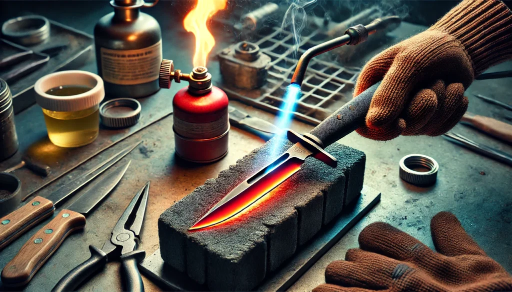 A person is using a knife to slice wood, illustrating a simple technique relevant to how to heat treat a knife without a forge.