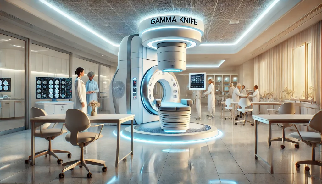 Inside a contemporary medical office, a large MRI machine is prominently displayed, showcasing modern healthcare tools. How many Gamma Knife centers in US?