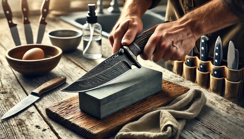 A man is using a block to sharpen a knife, showing how to sharpen a cooling knife in a simple way.