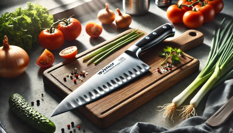 A knife on a cutting board surrounded by fresh vegetables, showcasing the quality of tools like Wusthof knives.