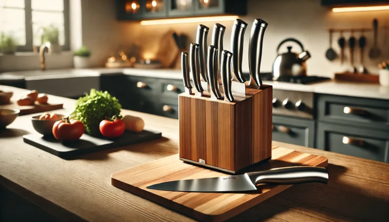 A knife block with several knives displayed in a kitchen, showcasing the best self-sharpening knife set for cooking.