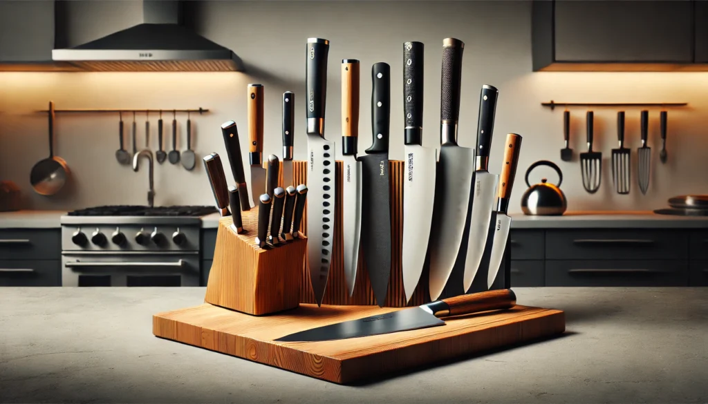 A kitchen knife block featuring a knife on top, ideal for those wondering, "What Japanese knife should I buy?"