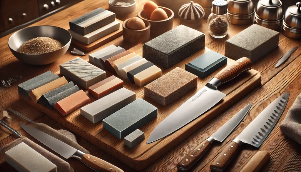 A wooden cutting board displaying knives and tools, ideal for understanding which whetstone for knife sharpening is best.