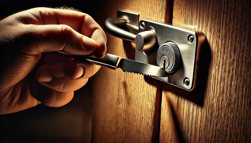 A person is seen opening a door with a knife, illustrating how to open a deadbolt lock with a knife.