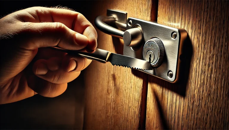 A person uses a knife to open a door, demonstrating how to open a deadbolt lock with a knife.