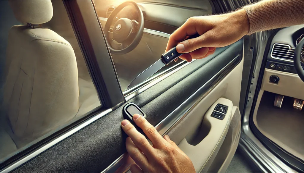 A person is opening a car door, demonstrating how to unlock a car door with a knife in a simple manner.