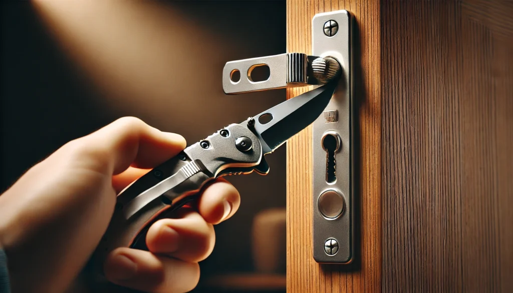 A person opens a door with scissors, showing how to unlock a door with a knife in a simple way.