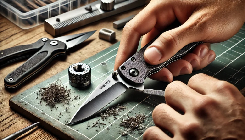 A person is cutting wood with a knife, demonstrating that a pocket knife can be used to deburr surfaces.