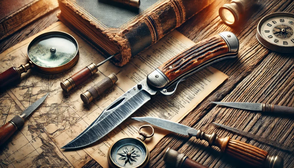 On a table, a knife, compass, and other tools are displayed, showing how to tell the age of an old timer knife.