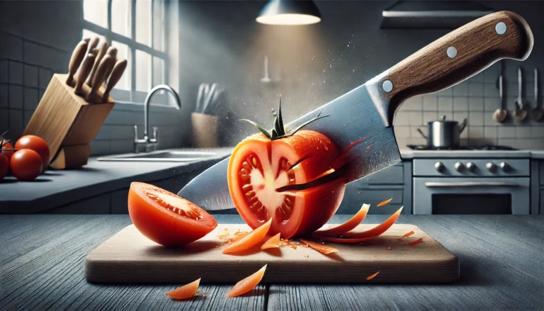 A knife slices through a tomato on a cutting board, illustrating why a dull knife is more dangerous in the kitchen.