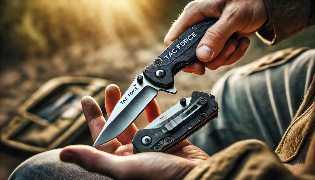 An individual grips a knife, showing the steps on how to close a Tac Force knife properly and securely.