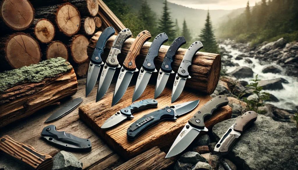 A collection of knives rests on a log in front of a mountain, prompting thoughts on whether CRKT is a good knife brand.