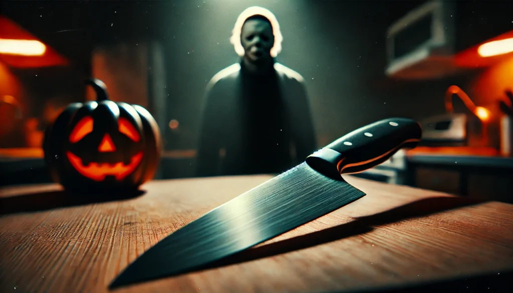 A knife is placed on a table next to a pumpkin, reminding viewers of Halloween and the type of knife Michael Myers uses.