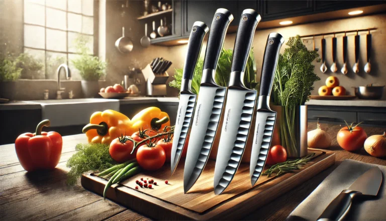 A collection of knives arranged on a wooden cutting board, showcasing their sharp blades. Is Cuisinart a good knife brand?