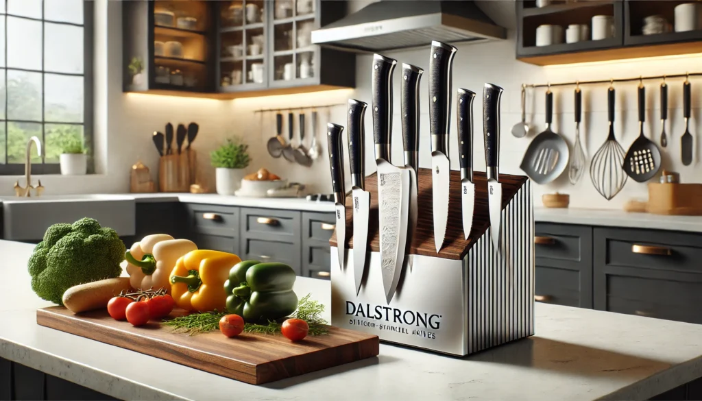 A kitchen counter with a knife block placed on it, displaying several knives. Is Dalstrong a good knife for home chefs?