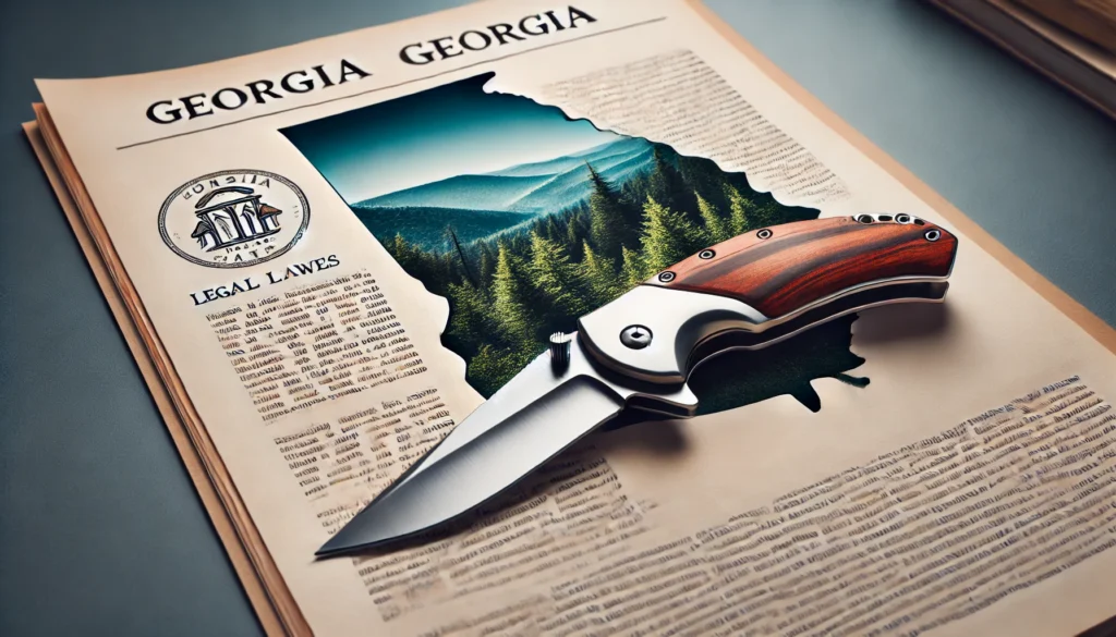 A knife from Georgia rests on a map of Georgia, raising the topic: Is it legal to carry a knife in Georgia?