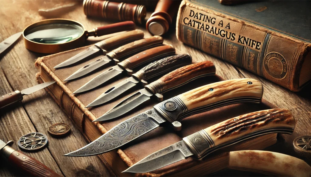 Several knives placed on a table, highlighting their different shapes. Discover how to date a Cattaraugus knife.