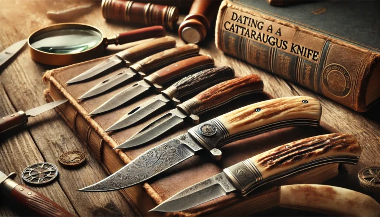 A collection of knives arranged on a table, showcasing various styles and designs. Learn how to date a Cattaraugus knife.