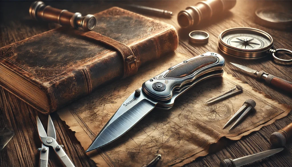 A pocket knife and a compass are resting on a table, essential for navigation. Discover how to date a Schrade knife.