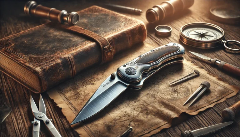 A pocket knife and compass placed on a table, useful tools for outdoor adventures. Learn how to date a Schrade knife.