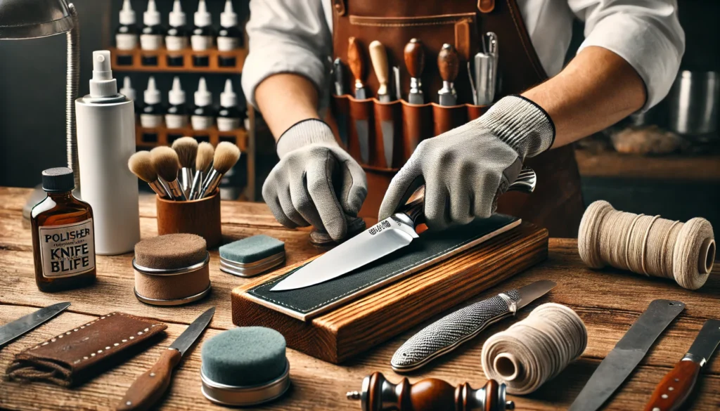 A man uses a knife on a wooden table, showing a simple method for how to polish blades.