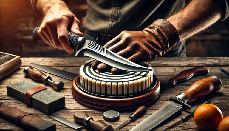 A man sharpens a hawkbill knife on a table surrounded by various tools for cutting and crafting.