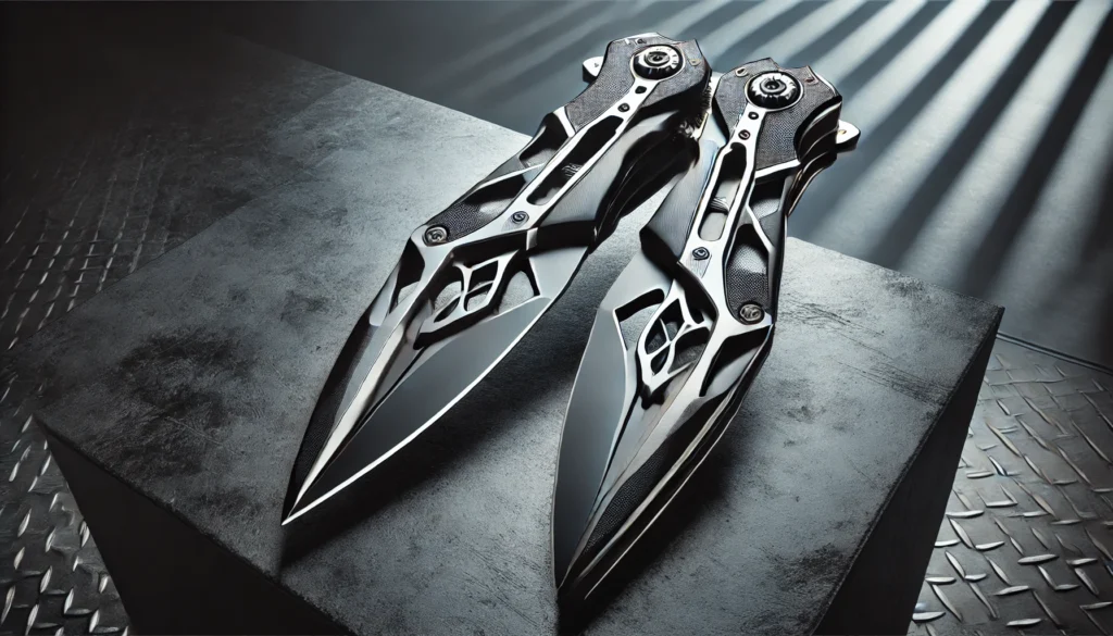 A pair of knives placed on a black surface, illustrating how to close a Batman knife with ease.