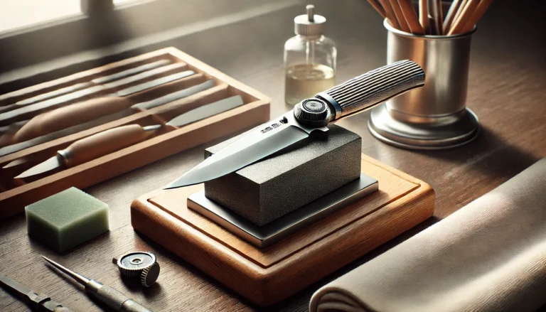 A knife resting on a wooden block, illustrating how to sharpen an Exacto knife effectively.