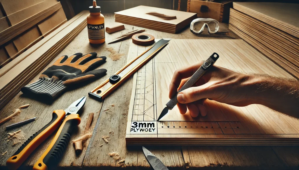 A person is cutting a wooden board with scissors, checking if a Stanley knife can cut 3mm plywood effectively.