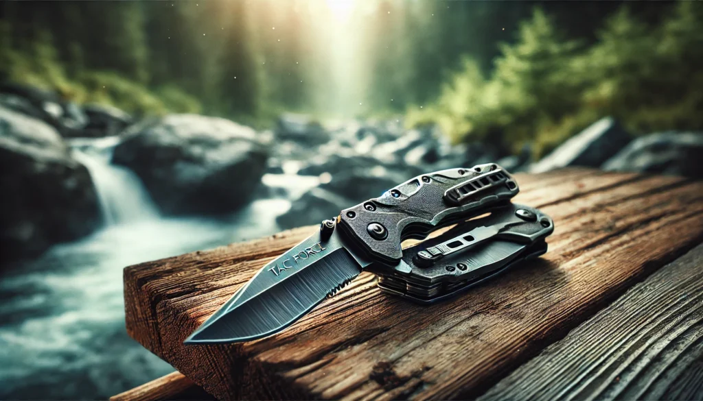 A knife is placed on a wooden table, overlooking a scenic waterfall. Discover how to close a Tac Force knife easily.